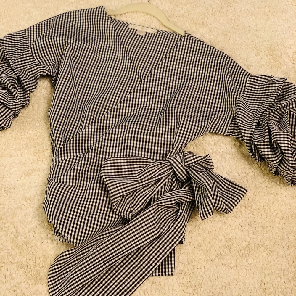 Gingham ruffle wrap blouse